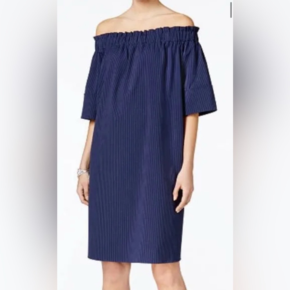 Set of 2 RACHEL Rachel Roy Blue/White Pinstripe and Black Off The Shoulder Dress